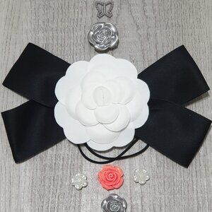Women Fashion Black White Camellia Flower Hair Scrunchie Elastic Tie Accessory